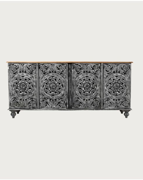 Lotus - Grand buffet noir cérusé en manguier massif sculpté 180 cm