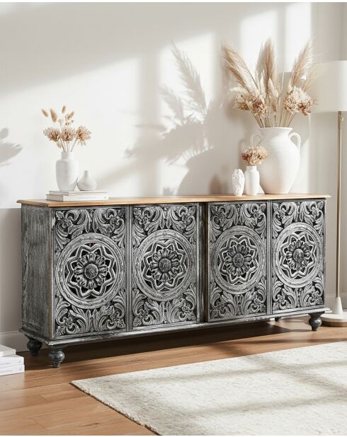 Lotus - Grand buffet noir cérusé en manguier massif sculpté 180 cm