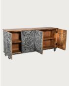Lotus - Grand buffet noir cérusé en manguier massif sculpté 180 cm