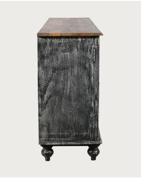 Lotus - Grand buffet noir cérusé en manguier massif sculpté 180 cm