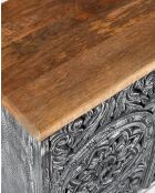 Lotus - Grand buffet noir cérusé en manguier massif sculpté 180 cm