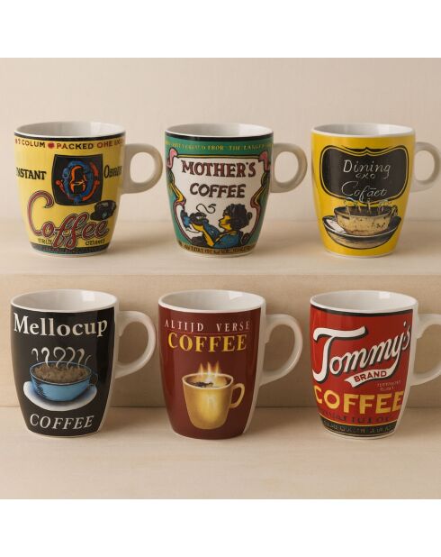 6 Tasses À Café Old
School 20Cl Porcelaine
Decors Assortis