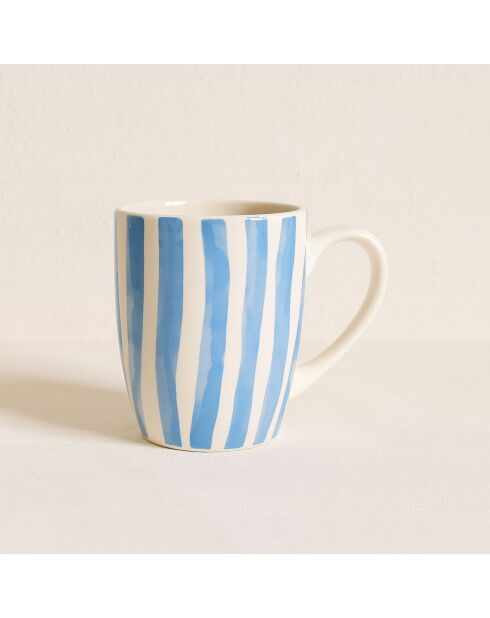 6 Mugs Corfu 38Cl En
Grès Blanc Avec Des
Rayures Bleues