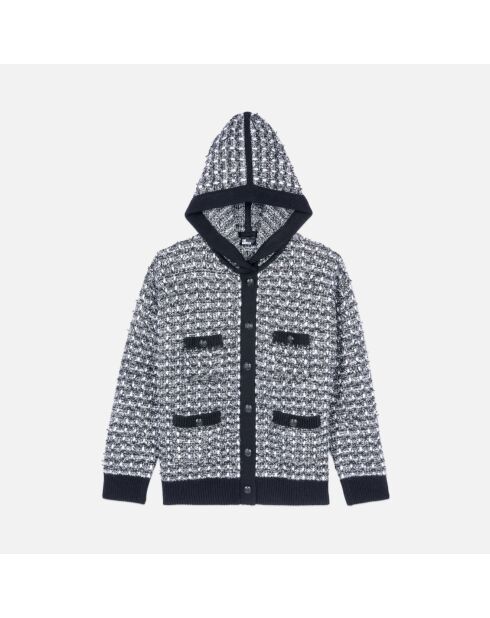 Cardigan à capuche en tweed noir et blanc