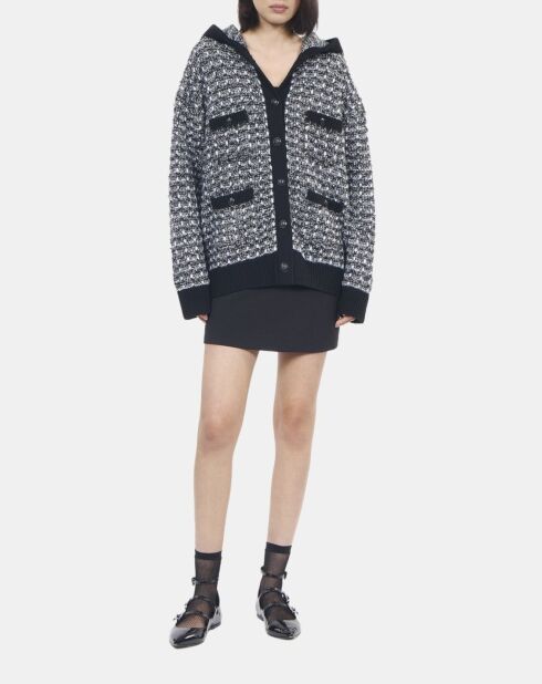 Cardigan à capuche en tweed noir et blanc