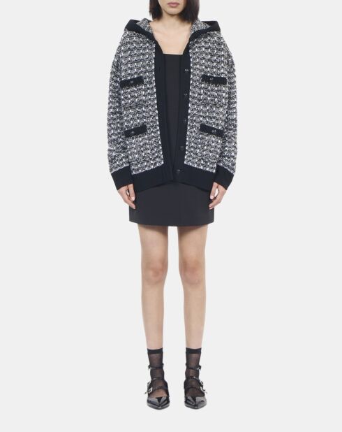Cardigan à capuche en tweed noir et blanc