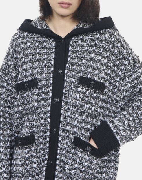 Cardigan à capuche en tweed noir et blanc