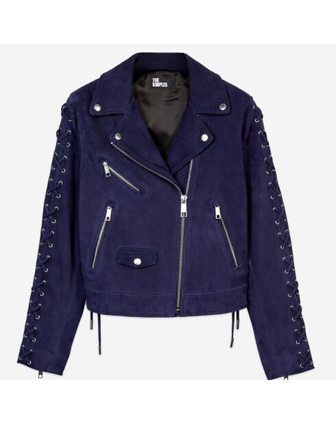 Blouson biker en cuir suède bleu foncé