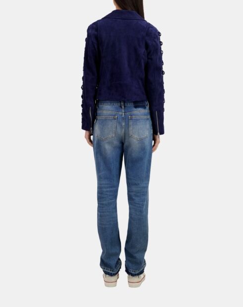 Blouson biker en cuir suède bleu foncé