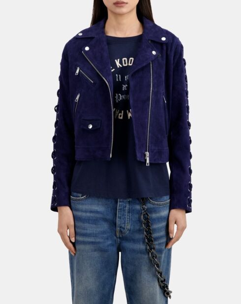 Blouson biker en cuir suède bleu foncé