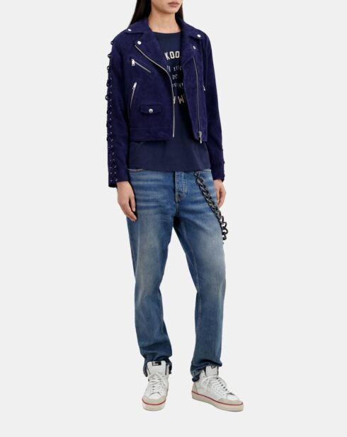 Blouson biker en cuir suède bleu foncé