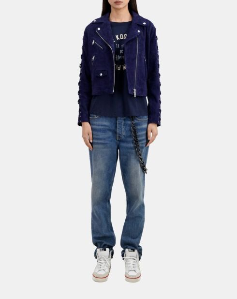 Blouson biker en cuir suède bleu foncé
