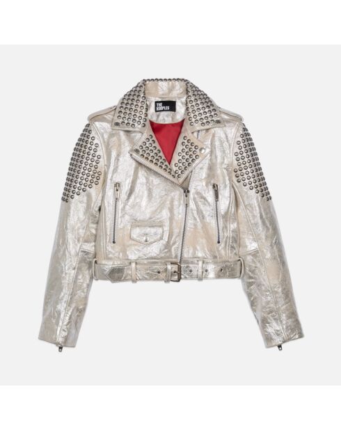 Blouson clouté en cuir argenté
