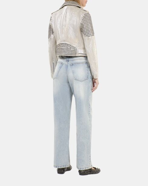 Blouson clouté en cuir argenté