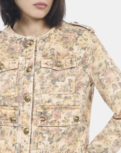 Veste imprimé fleuri lin beige