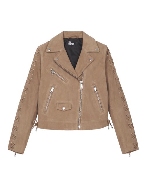 Blouson biker en cuir suède beige