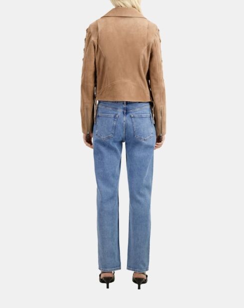 Blouson biker en cuir suède beige