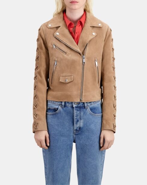 Blouson biker en cuir suède beige