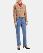Blouson biker en cuir suède beige