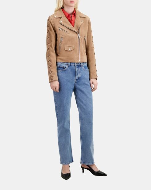 Blouson biker en cuir suède beige