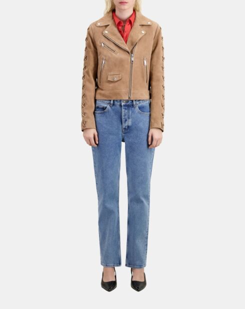 Blouson biker en cuir suède beige
