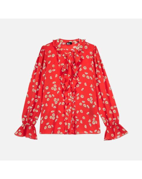 Chemise à imprimé fleuri avec volants rouge et blanche