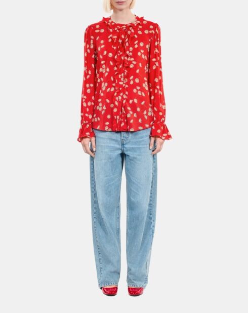 Chemise à imprimé fleuri avec volants rouge et blanche