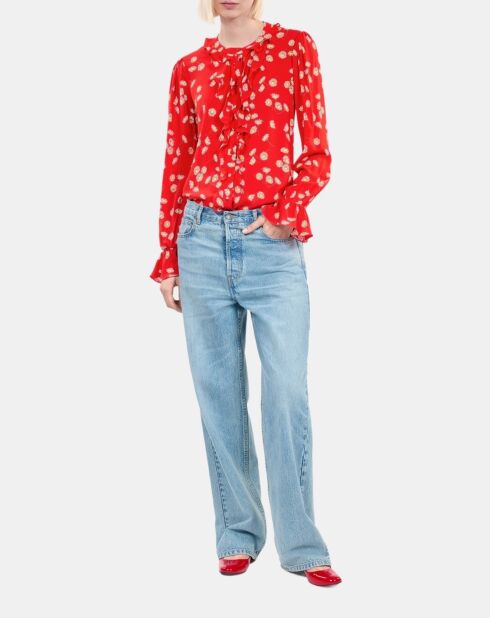 Chemise à imprimé fleuri avec volants rouge et blanche