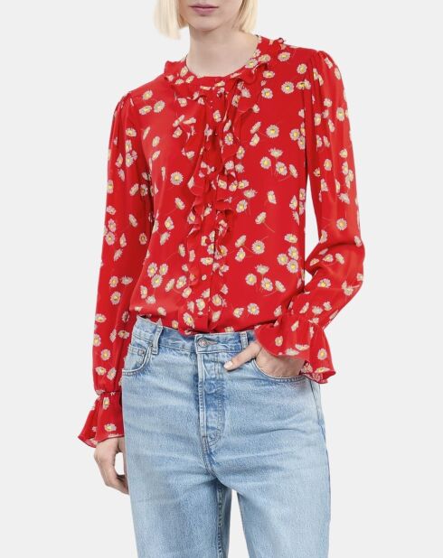 Chemise à imprimé fleuri avec volants rouge et blanche