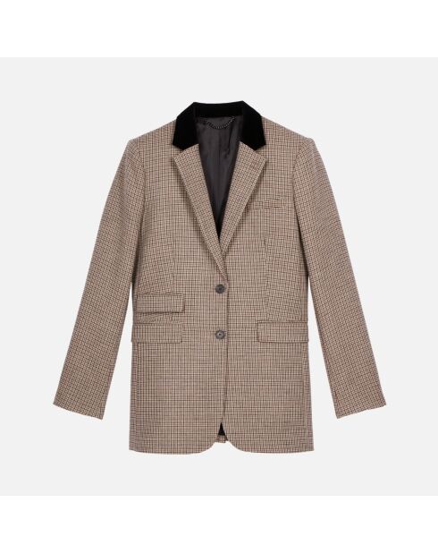 Veste tailleur en laine mélangée pied de poule beige et brun