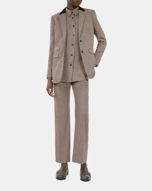 Veste tailleur en laine mélangée pied de poule beige et brun