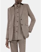 Veste tailleur en laine mélangée pied de poule beige et brun