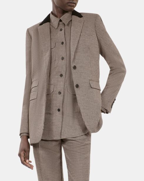 Veste tailleur en laine mélangée pied de poule beige et brun