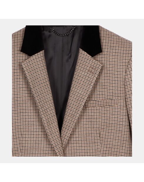 Veste tailleur en laine mélangée pied de poule beige et brun