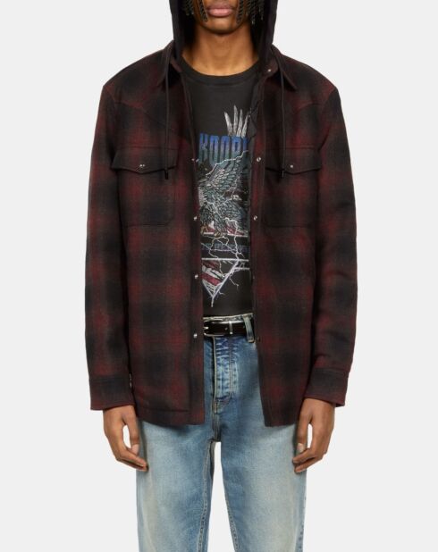 Blouson à capuche style surchemise à carreaux noir bordeaux