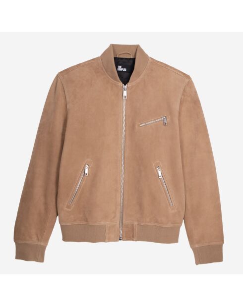 Blouson avec zip en cuir suède beige