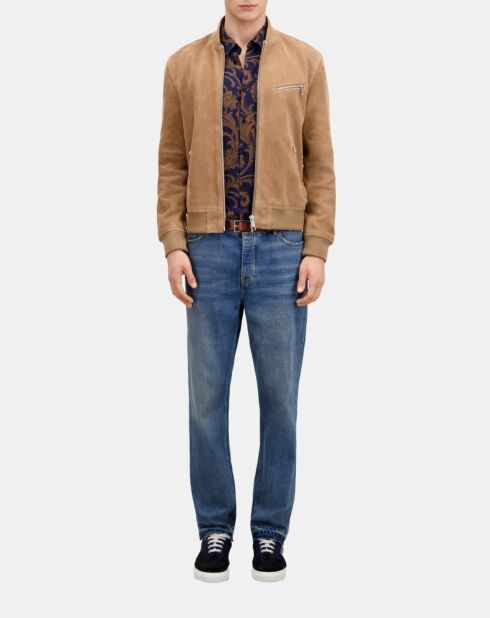 Blouson avec zip en cuir suède beige