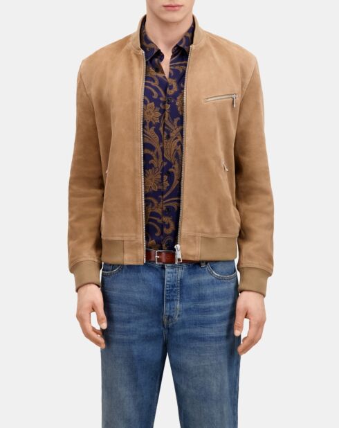 Blouson avec zip en cuir suède beige
