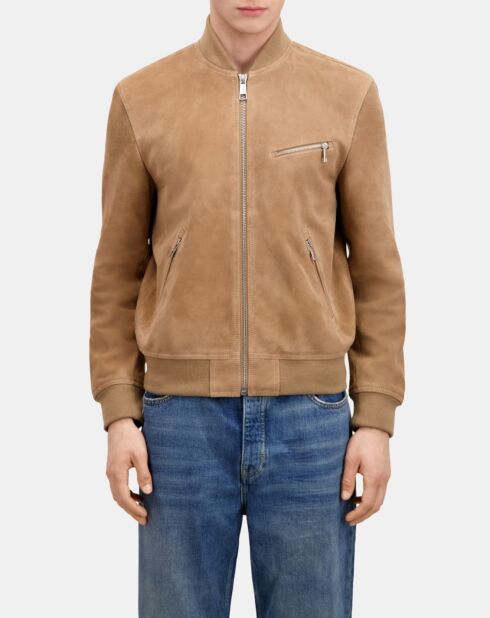 Blouson avec zip en cuir suède beige