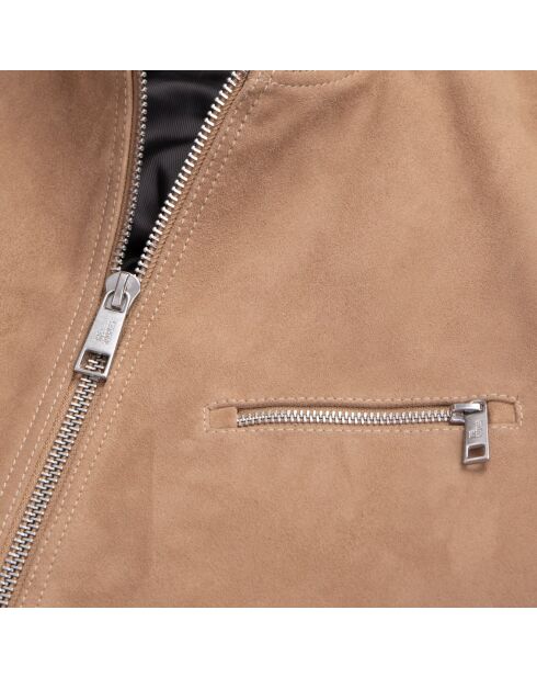 Blouson avec zip en cuir suède beige