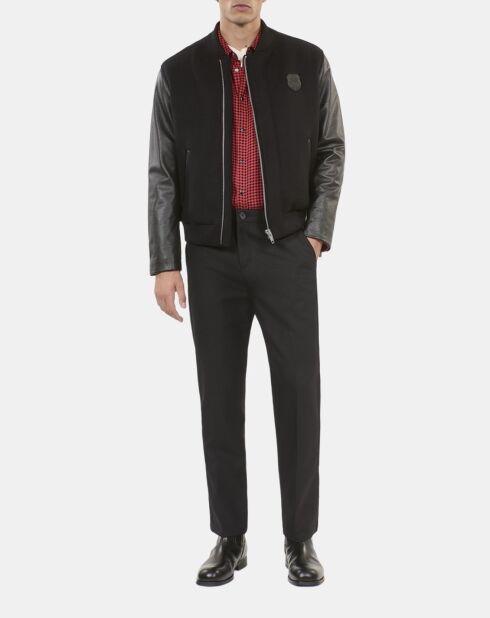 Blouson en laine double face et cuir noir