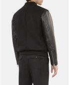 Blouson en laine double face et cuir noir