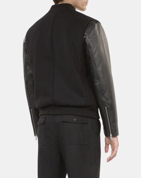 Blouson en laine double face et cuir noir