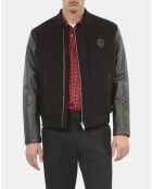 Blouson en laine double face et cuir noir