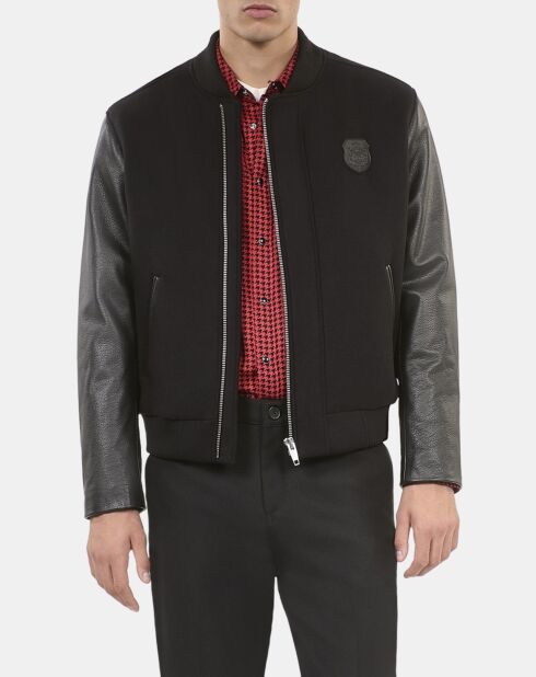 Blouson en laine double face et cuir noir