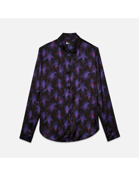 Chemise fleurie noire, rose claire, bleue