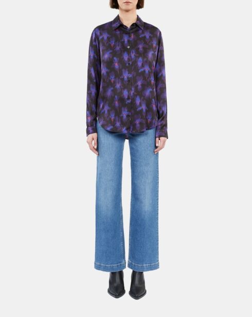 Chemise fleurie noire, rose claire, bleue