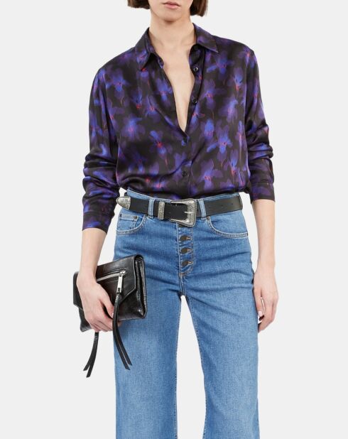 Chemise fleurie noire, rose claire, bleue