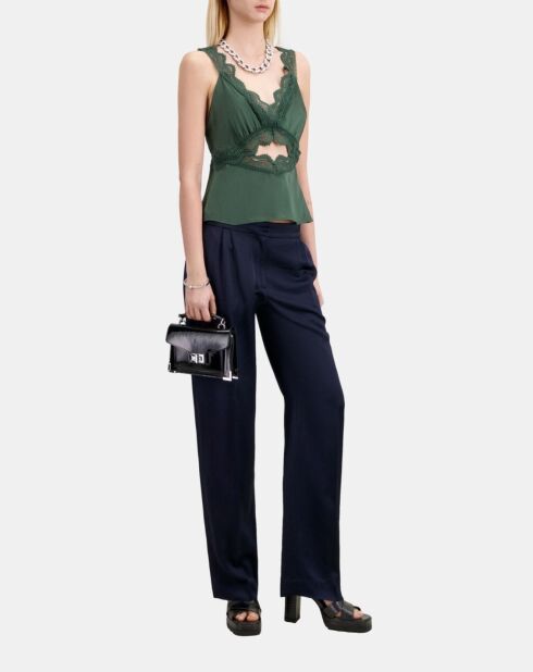 Top en soie avec guipure bois kaki