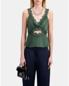 Top en soie avec guipure bois kaki